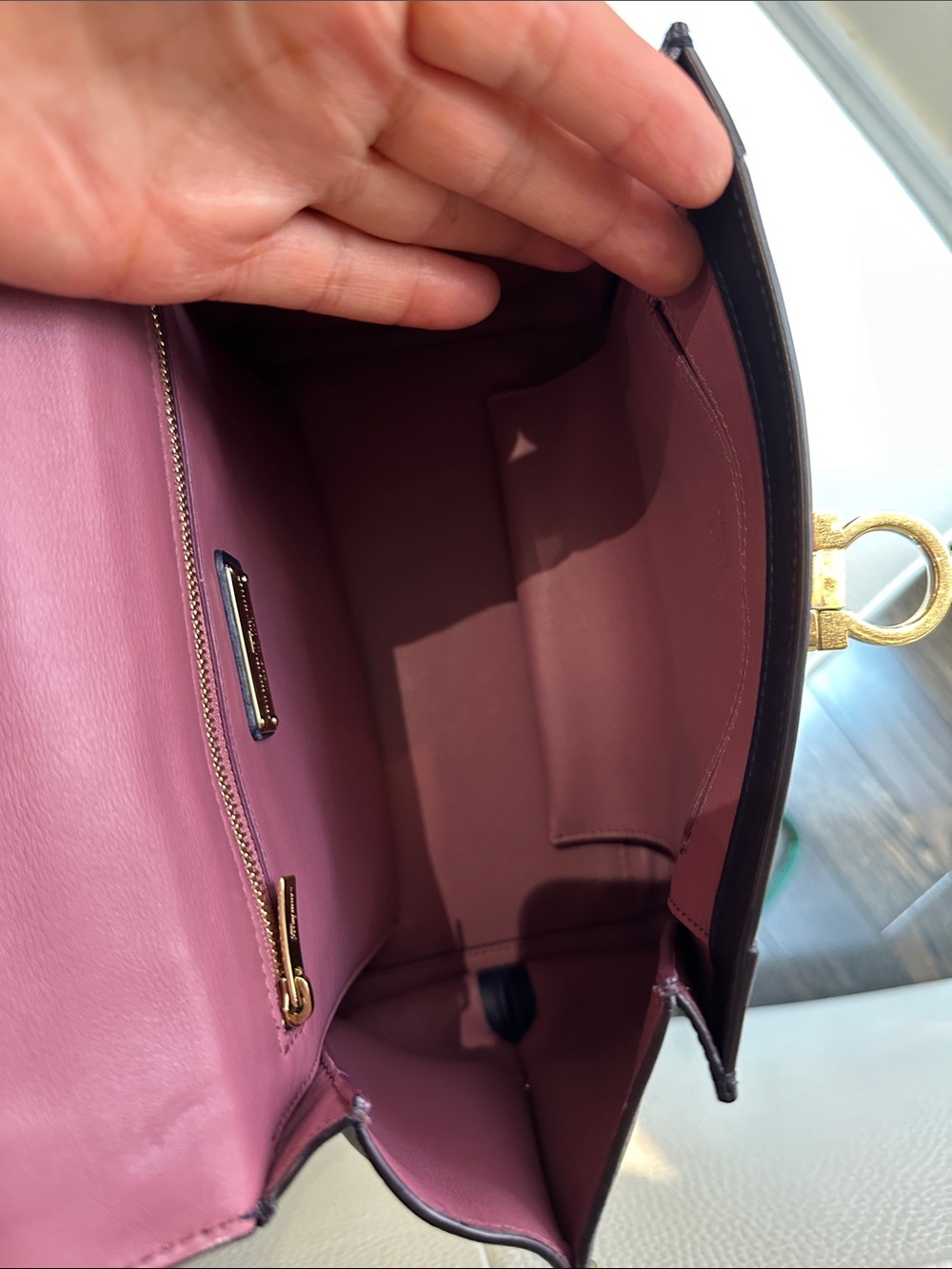 Salvatore Ferragamo Sofia Small Satchel in navy blue with gold-tone hardware. - Picture 11 of 11
